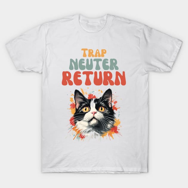 Groovy Trap Neuter Return Cat Design - Supporting Feral Cats' Welfare T-Shirt by KittyStampedeCo